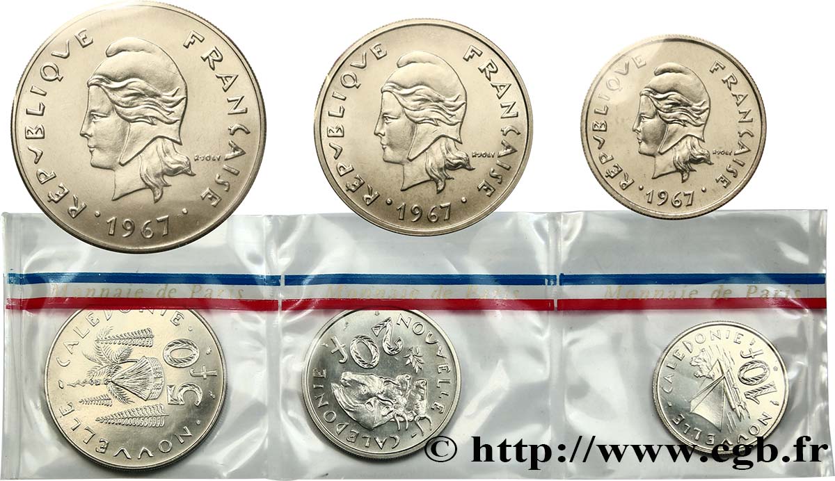 NOUVELLE CALÉDONIE Série Fleurs de Coins de 3 monnaies 1967 Paris FDC70 