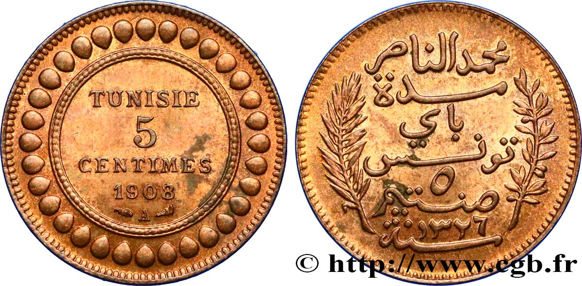 TUNISIE - PROTECTORAT FRANÇAIS 5 Centimes AH1326 1908 Paris TTB 