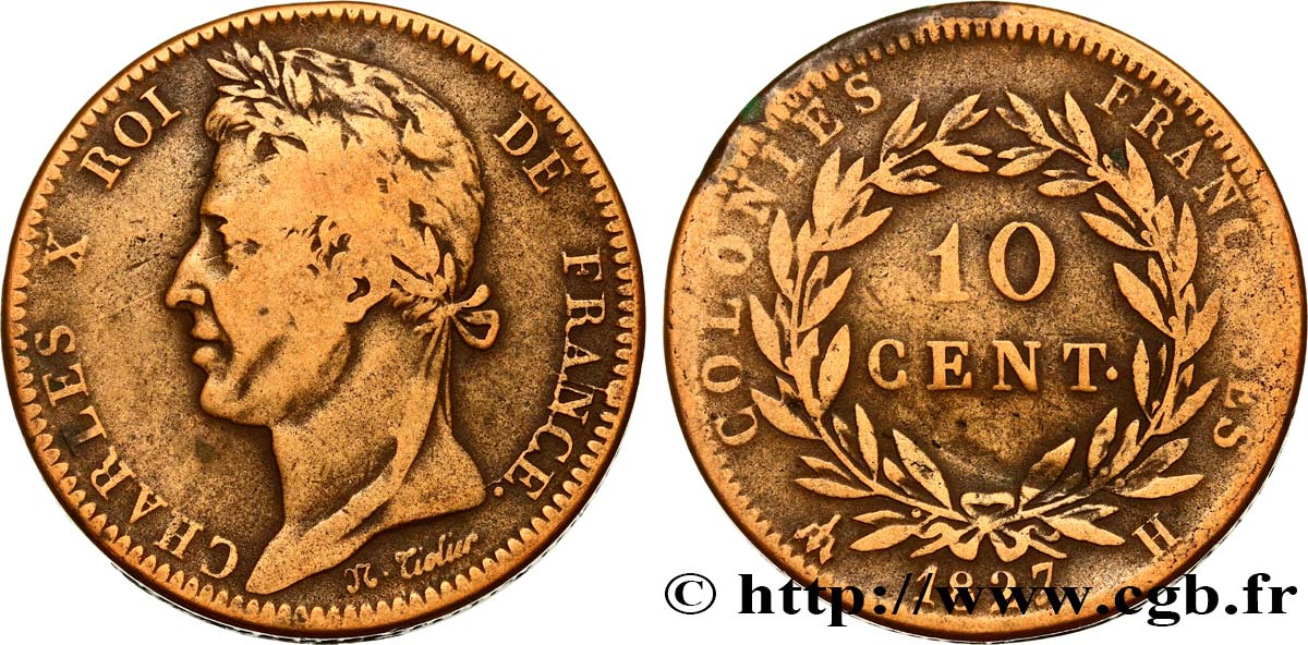 COLONIES FRANÇAISES - Charles X, pour la Martinique et la Guadeloupe 10 Centimes Charles X 1827 La Rochelle - H TB