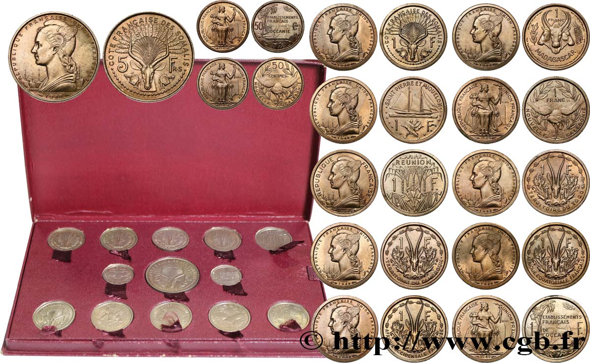 UNION FRANÇAISE - QUATRIÈME RÉPUBLIQUE Coffret de 23 essais Union Française pour les colonies en bronze-nickel 1948-1949 Paris SPL 