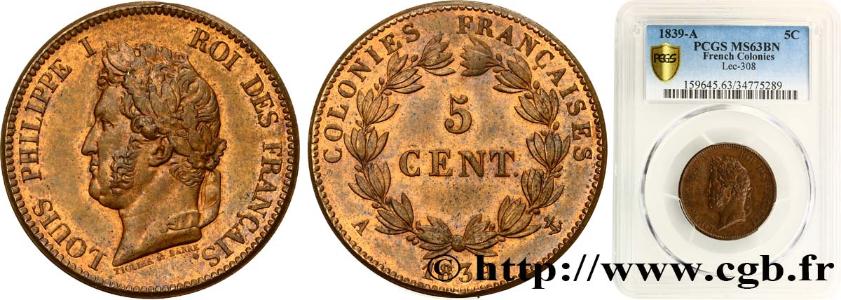 COLONIE FRANCESI - Luigi Filippo, per Guadalupa 5 Centimes Louis Philippe Ier 1839 Paris - A MS63 PCGS