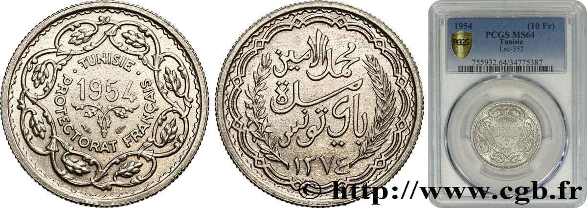 TUNISIA - French protectorate 10 Francs (module de) 1954 Paris MS64 PCGS
