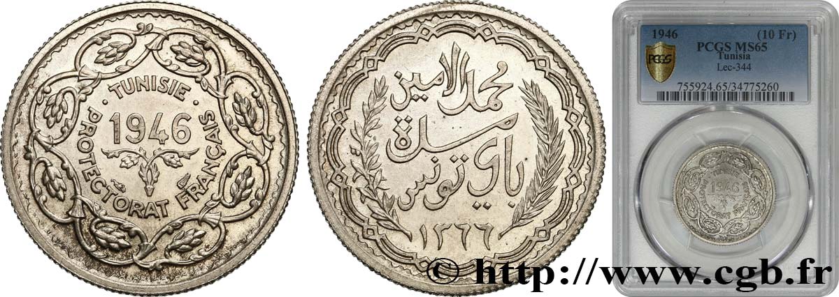 TUNISIA - FRENCH PROTECTORATE 10 Francs (module de) 1946 Paris MS65 PCGS