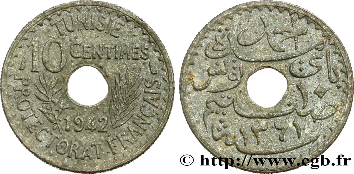 TUNISIA - French protectorate 10 Centimes AH 1361 1942 Paris AU