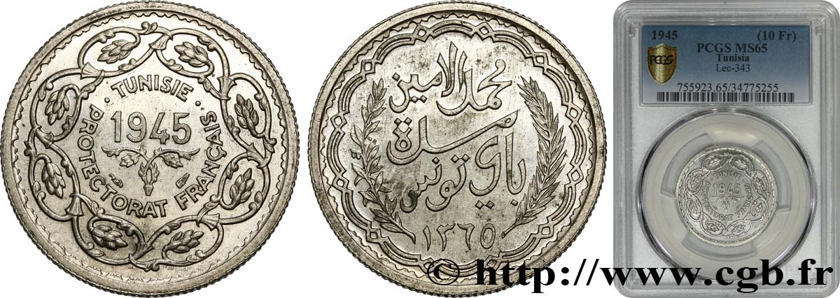 TUNISIA - French protectorate 10 Francs (module de) 1945 Paris MS65 PCGS