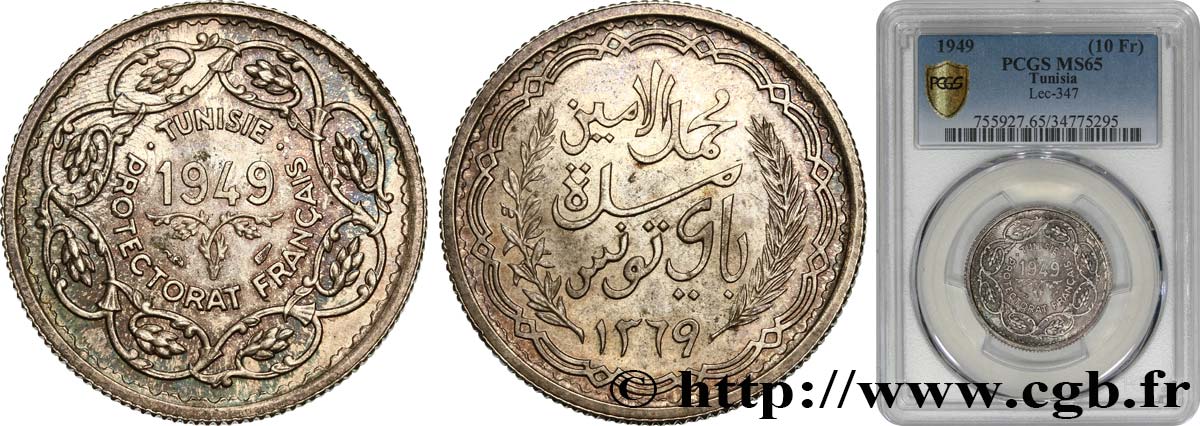 TUNISIA - FRENCH PROTECTORATE 10 Francs (module de) 1949 Paris MS65 PCGS