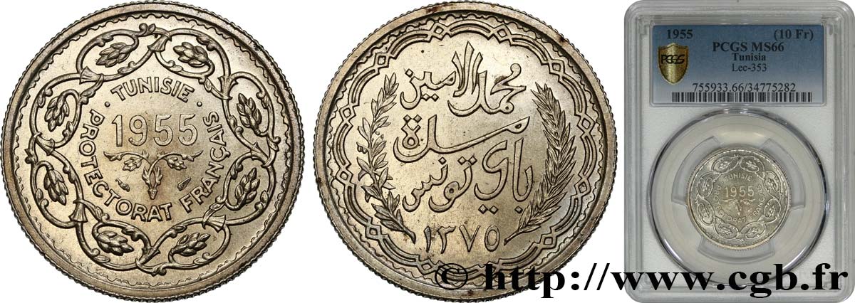 TUNISIA - FRENCH PROTECTORATE 10 Francs (module de) 1955 Paris MS66 PCGS