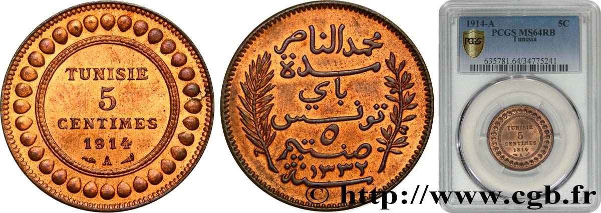 TUNISIA - Protettorato Francese 5 Centimes AH1332 1914 Paris MS64 PCGS