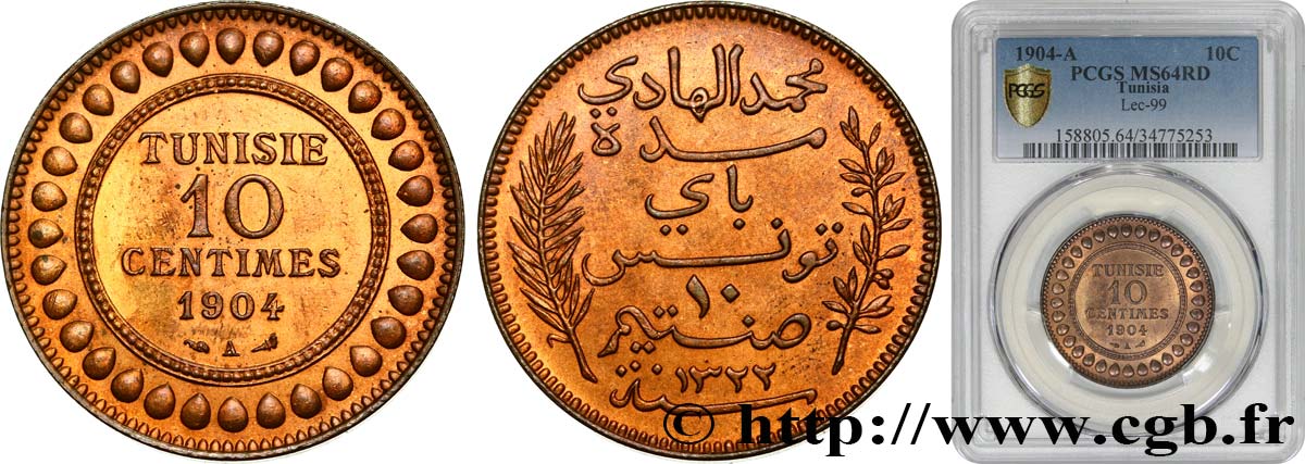 TUNISIA - Protettorato Francese 10 Centimes AH1322 1904 Paris MS64 PCGS