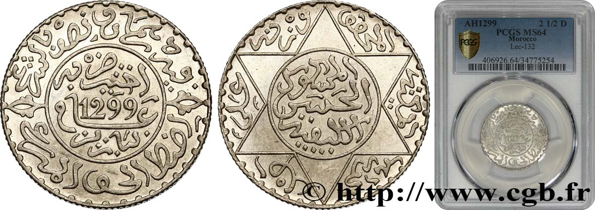 MAROC 2 1/2 Dirhams Hassan I an 1299 1881 Paris SPL64 PCGS