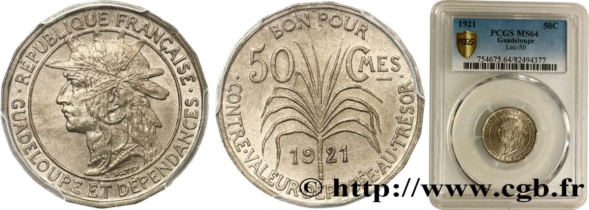 GUADELUPA Bon pour 50 Centimes indien caraïbe 1921  MS64 PCGS