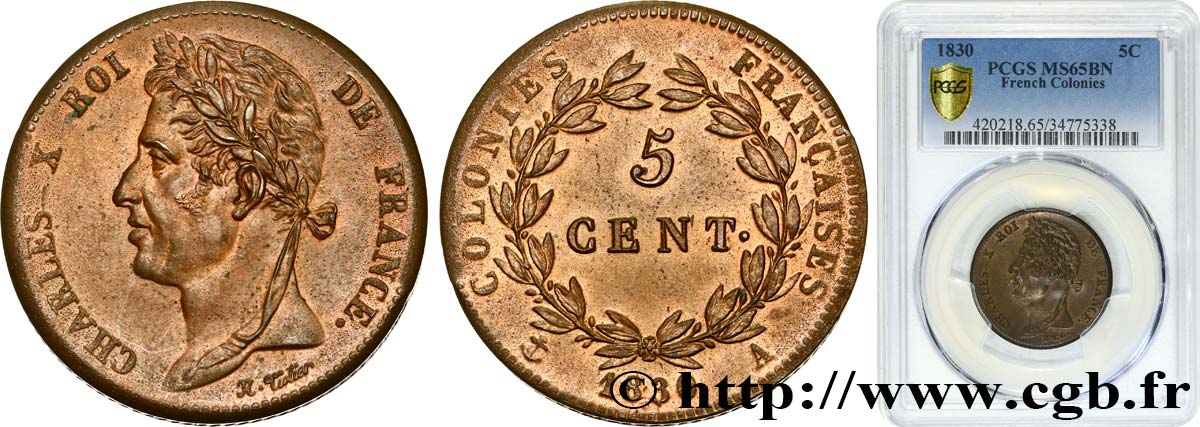 COLONIES FRANÇAISES - Charles X, pour la Guyane 5 Centimes Charles X 1830 Paris - A FDC65 PCGS