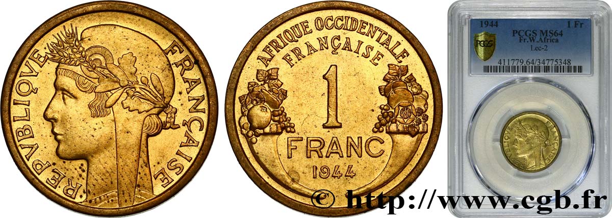 AFRICA OCCIDENTALE FRANCESA  1 Franc Morlon 1944 Londres MS64 PCGS