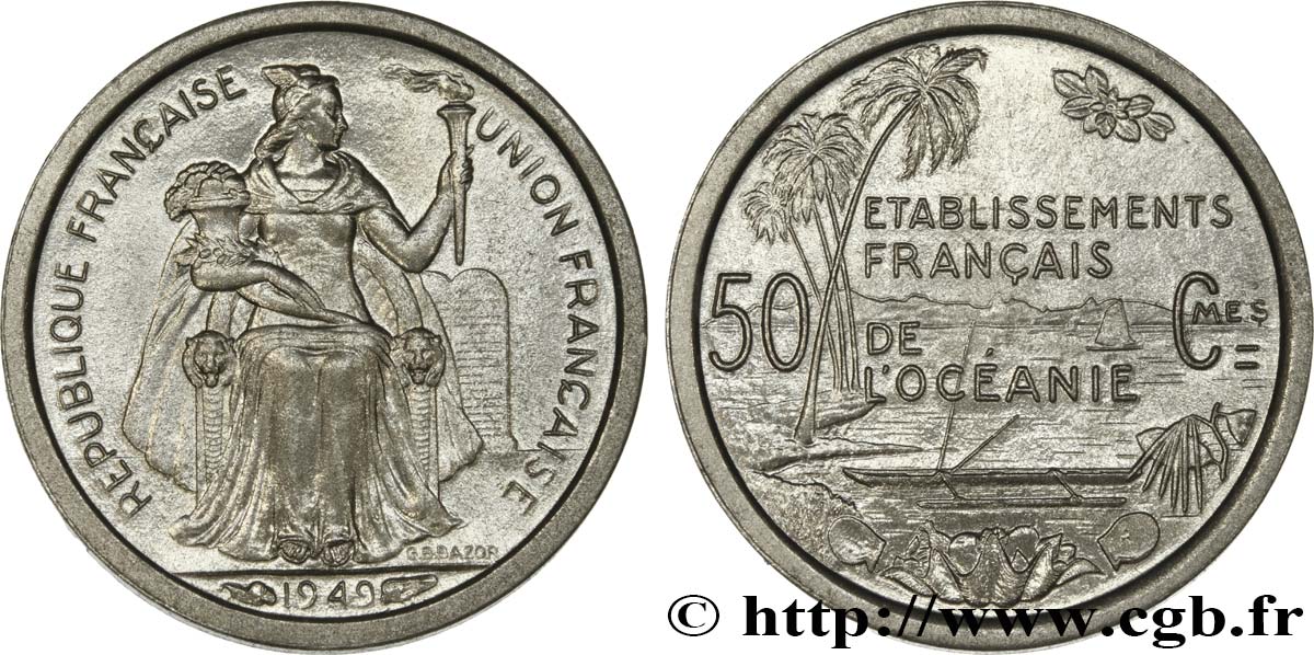 FRENCH POLYNESIA - French Oceania 50 Centimes Établissements Français de l’Océanie 1949 Paris MS 