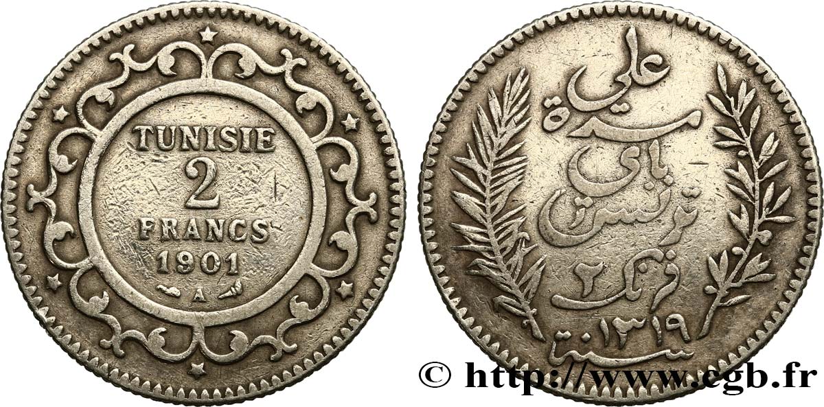 TUNISIA - French protectorate 2 Francs AH 1319 1901 Paris XF 