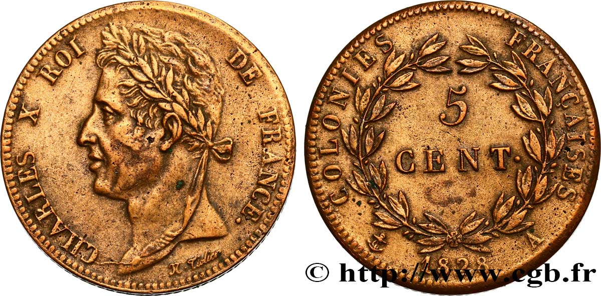 COLONIES FRANÇAISES - Charles X, pour la Guyane 5 Centimes Charles X 1828 Paris - A TTB