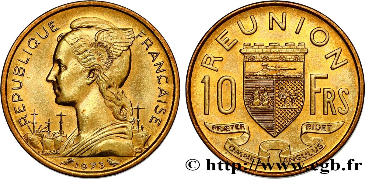 REUNION INSEL 10 Francs Marianne / armes de Saint Denis de la Réunion 1973 Paris fST 