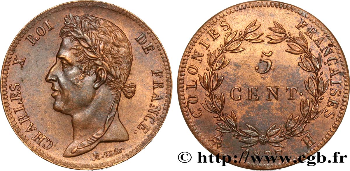 COLONIE FRANCESI - Carlo X, per Martinica e Guadalupa 5 Centimes Charles X 1827 La Rochelle - A SPL 