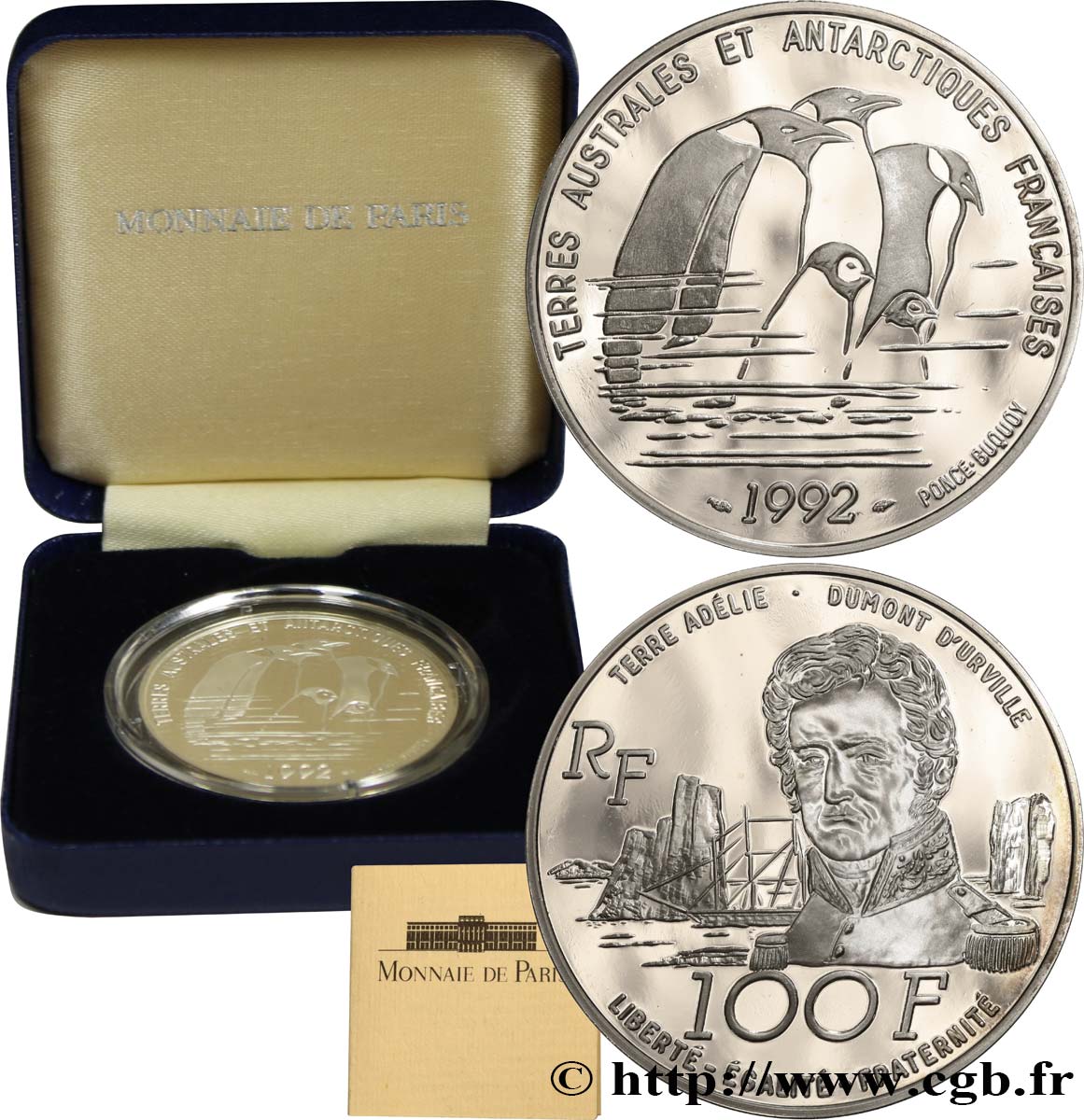 FRENCH SOUTHERN AND ANTARTIC LANDS 100 Francs Proof Dumont d’Urville - Manchots Empereur 1992  MS 