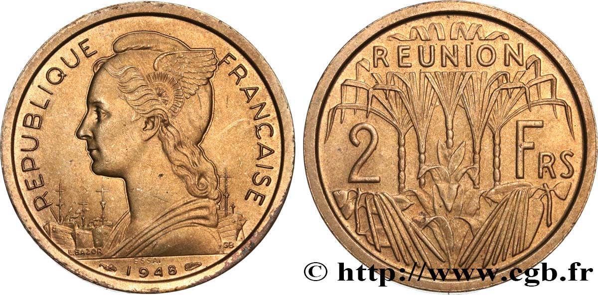 REUNION ISLAND Essai de 2 Francs 1948 Paris MS 