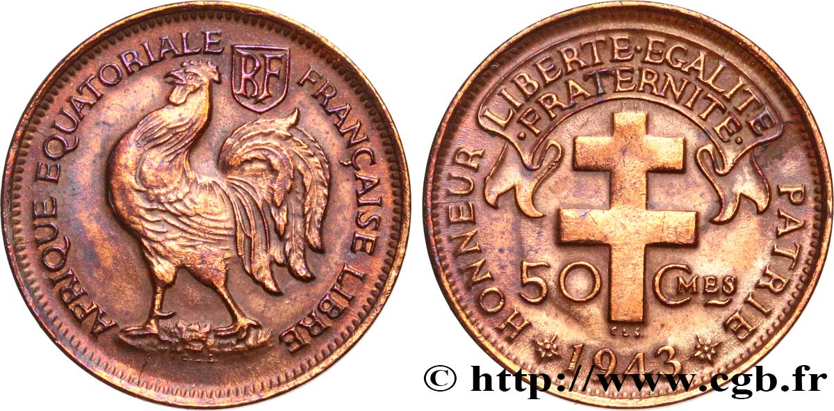 FRENCH EQUATORIAL AFRICA - FREE FRANCE 50 Centimes 1943 Prétoria AU