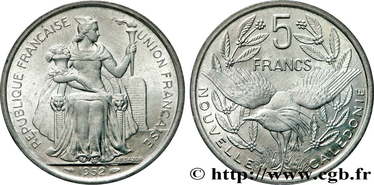 NOUVELLE CALÉDONIE 5 Francs Union Française 1952 Paris SPL