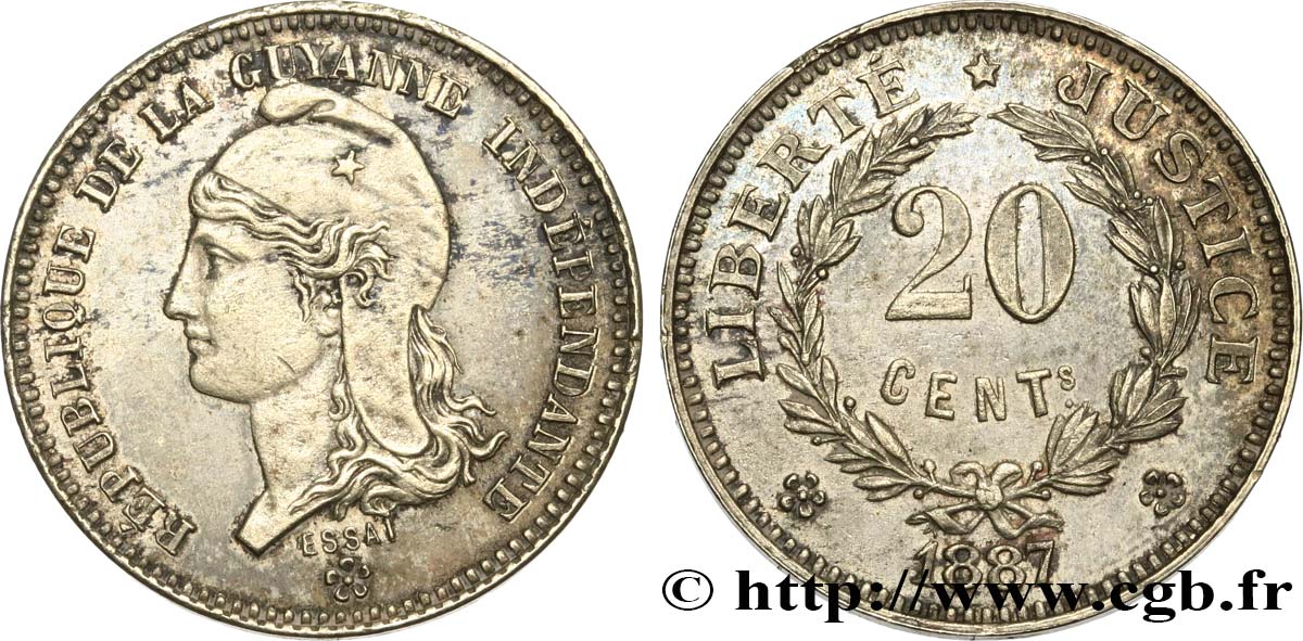RÉPUBLIQUE DE LA GUYANE INDÉPENDANTE Essai de 20 centimes 1887 Bruxelles VZ 