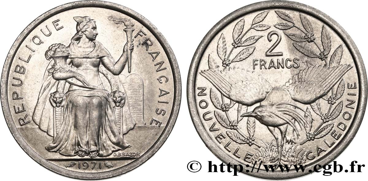 NOUVELLE CALÉDONIE 2 Francs 1971 Paris SPL 