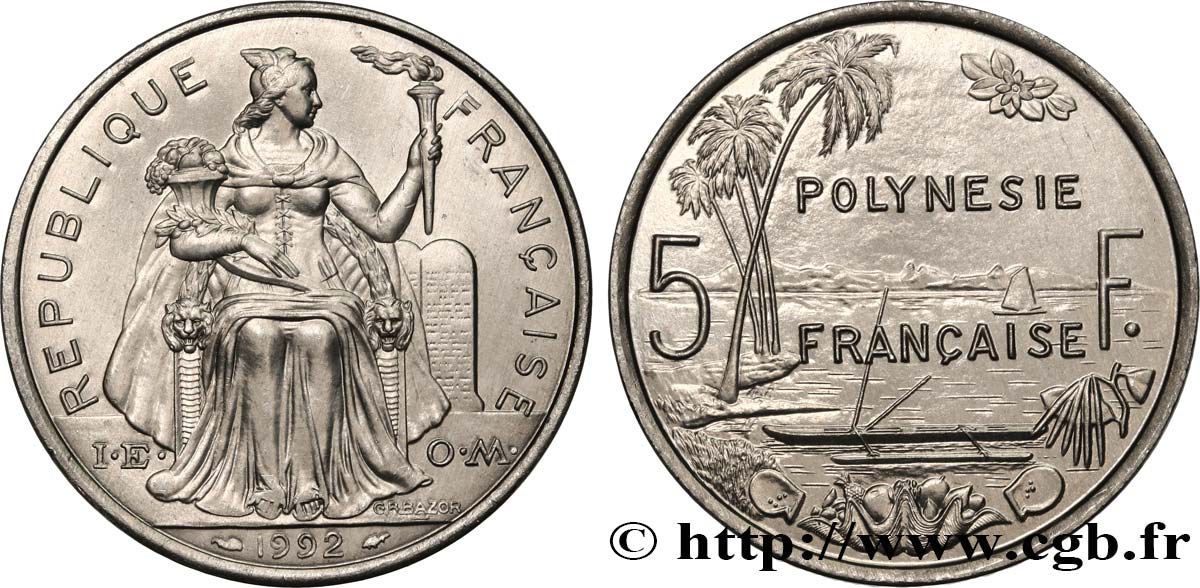 FRENCH POLYNESIA 5 Francs I.E.O.M. 1992 Paris MS 