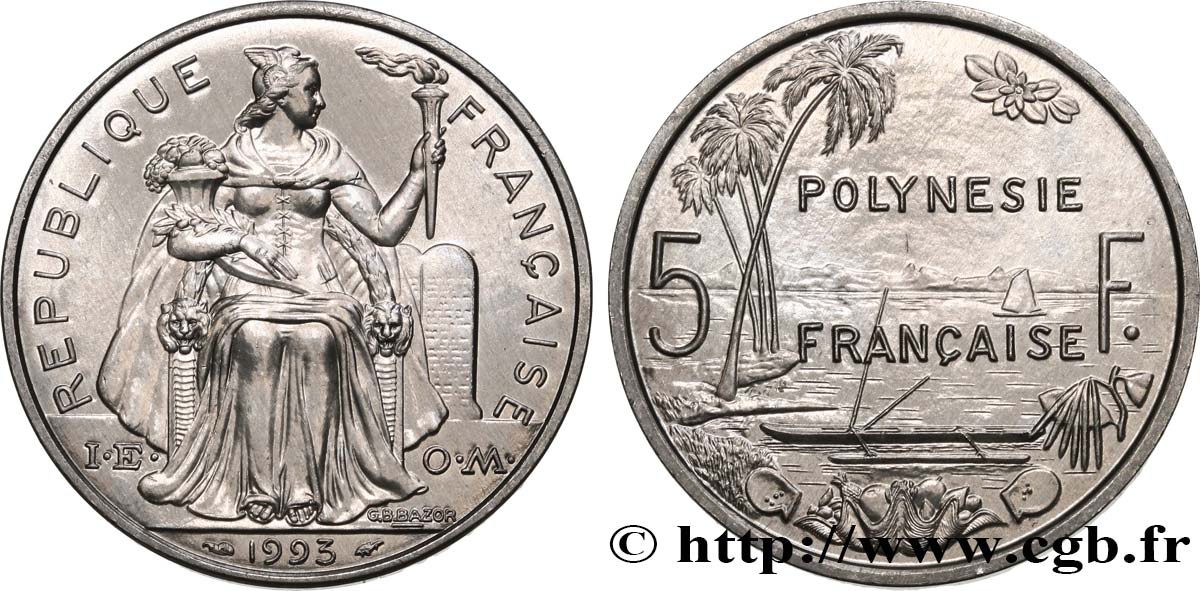 FRENCH POLYNESIA 5 Francs I.E.O.M. 1993 Paris MS 