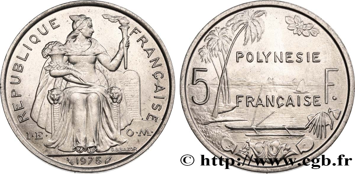FRANZÖSISCHE-POLYNESIEN 5 Francs I.E.O.M. 1975 Paris fST 