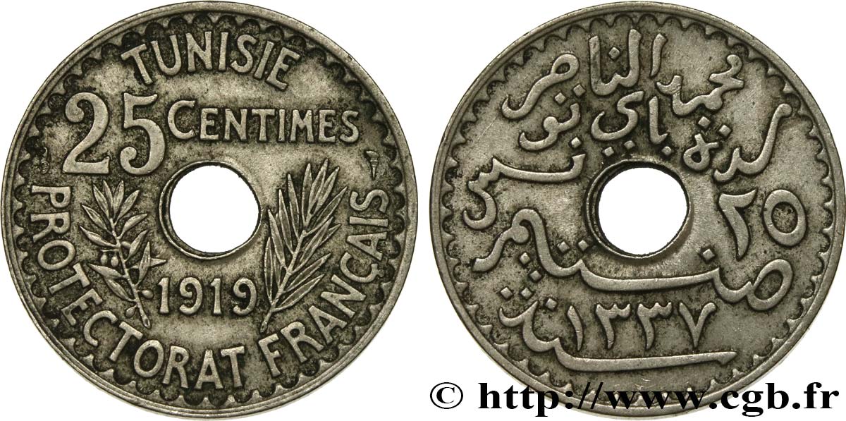 TUNISIE - PROTECTORAT FRANÇAIS 25 Centimes AH1337 1919 Paris TTB+