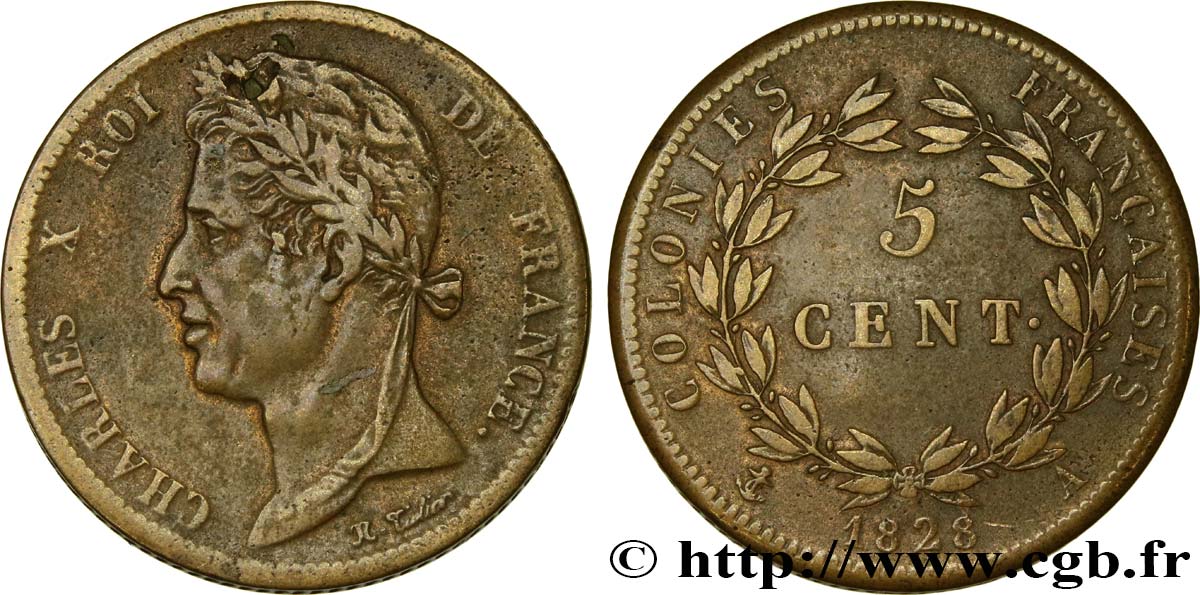 COLONIES FRANÇAISES - Charles X, pour la Guyane 5 Centimes Charles X 1828 Paris - A TB+