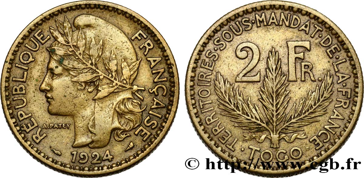 TOGO - FRENCH MANDATE TERRITORIES 2 Francs 1924 Paris XF