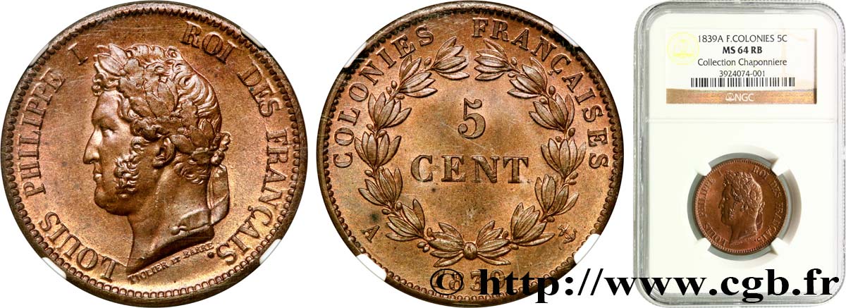 COLONIE FRANCESI - Luigi Filippo, per Guadalupa 5 Centimes Louis Philippe Ier 1839 Paris MS64 NGC