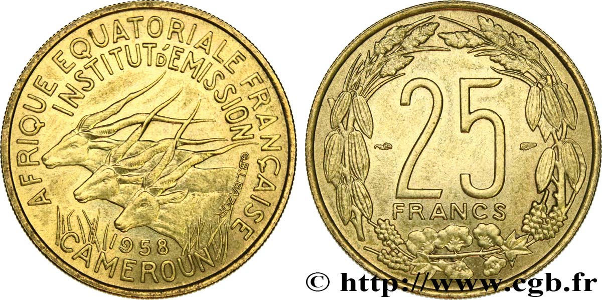 AFRICA EQUATORIALE FRANCESE - CAMERUN 25 Francs antilopes 1958 Paris SPL