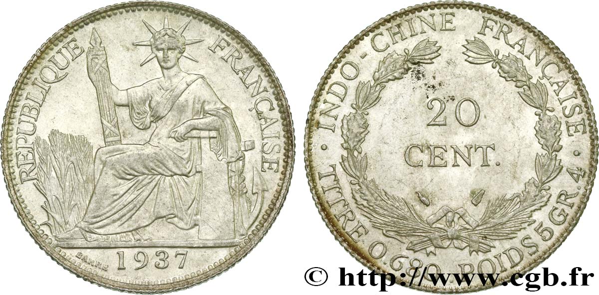 INDOCINA FRANCESE 20 Centièmes 1937 Paris MS