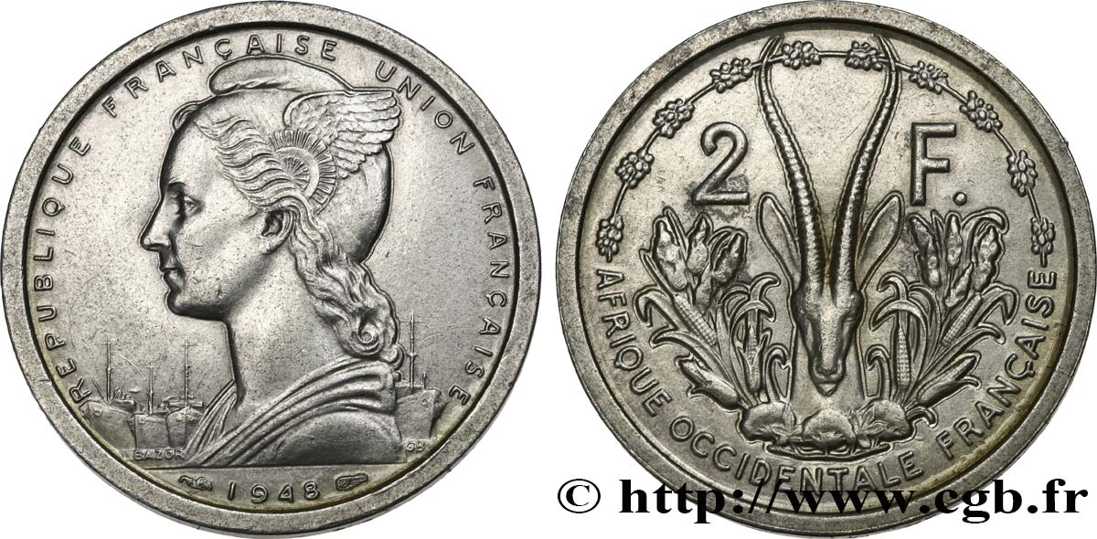 AFRIQUE OCCIDENTALE FRANÇAISE - UNION FRANÇAISE 2 Francs 1948 Paris SUP 