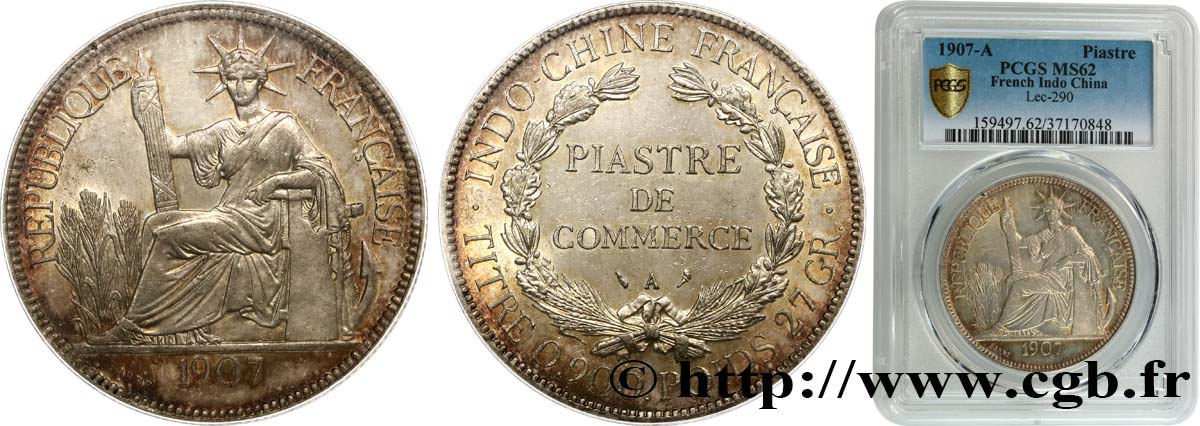 INDOCHINA 1 Piastre de Commerce 1907 Paris EBC62 PCGS