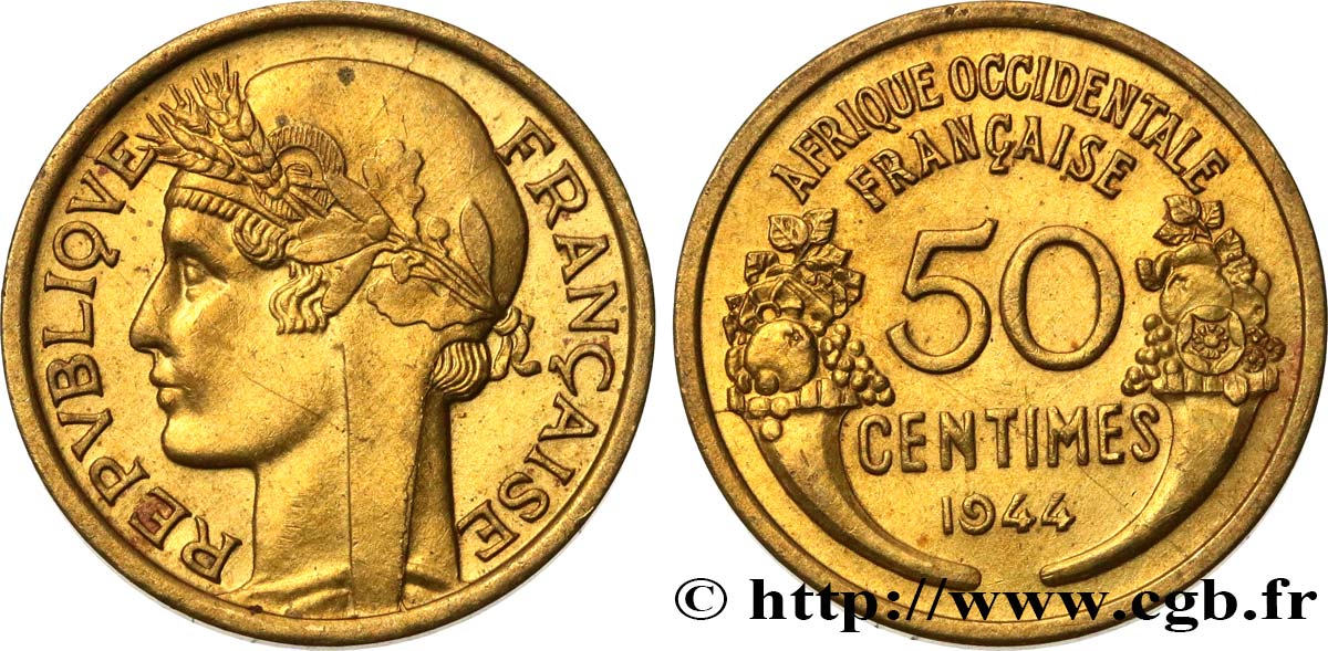 AFRIQUE OCCIDENTALE FRANÇAISE 50 Centimes Morlon 1944 Londres SUP