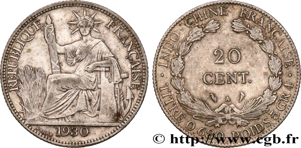 INDOCINA FRANCESE 20 Centièmes 1930 Paris BB