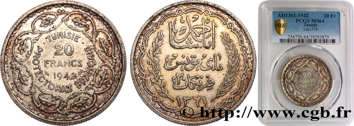 TUNISIA - FRENCH PROTECTORATE 20 Francs au nom du  Bey Ahmed an 1361 1942 Paris MS64 PCGS