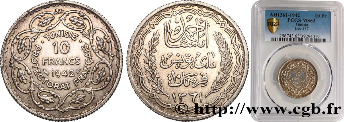 TUNISIA - French protectorate 10 Francs au nom du Bey Ahmed an 1361 1942 Paris MS63 PCGS