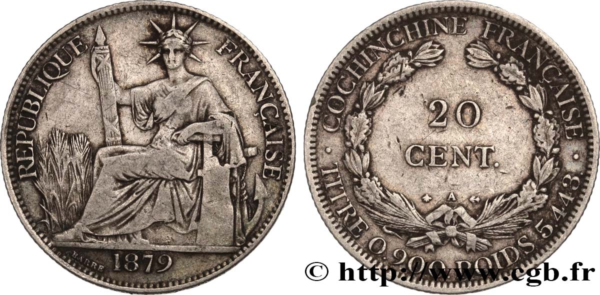 FRENCH COCHINCHINA 20 Centimes 1879 Paris VF 