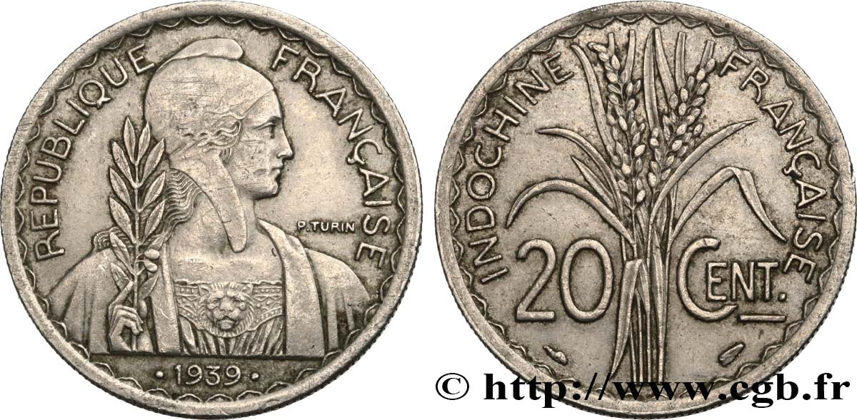 INDOCHINE FRANÇAISE 20 Centièmes 1939 Paris TTB