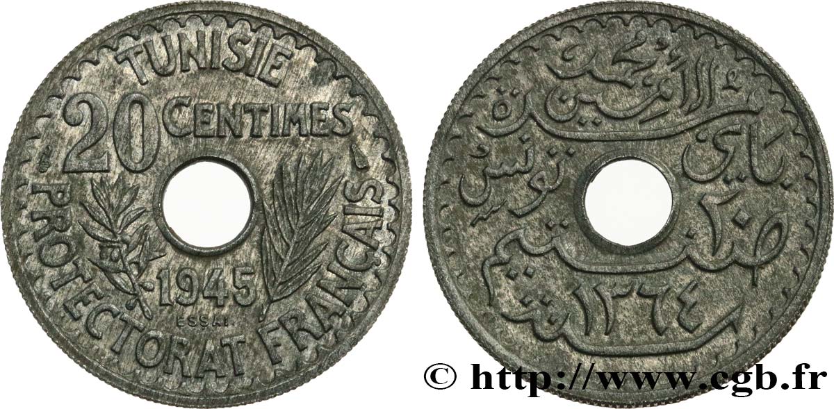 TUNISIA - French protectorate Essai de 20 Centimes AH 1364  1945 Paris AU 
