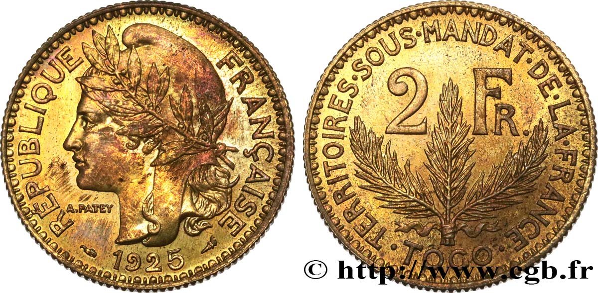 TOGO - MANDATO FRANCESE 2 Francs, poids léger - Essai de frappe de 2 Francs Morlon - 8 grammes 1925 Paris MS 