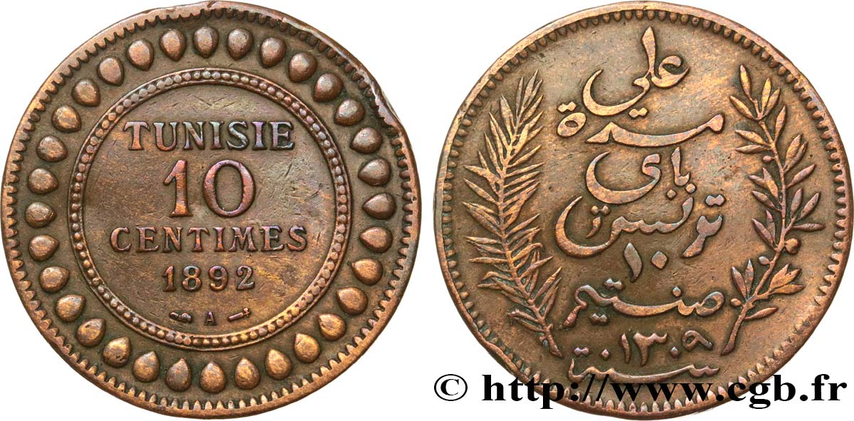 TUNISIA - Protettorato Francese 10 Centimes AH1309 1892 Paris BB 