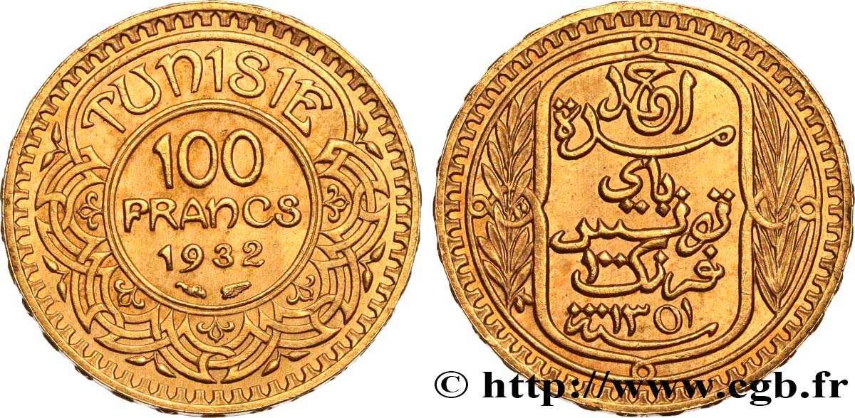 TUNISIA - FRENCH PROTECTORATE 100 Francs or frappée au nom du Bey Ahmed 1932 Paris AU 