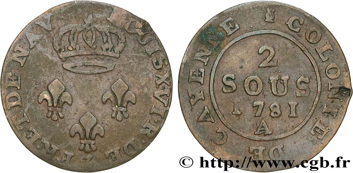 GUYANE FRANÇAISE Faux 2 Sous colonies de Cayenne 1e type 1781 Paris - A TB+